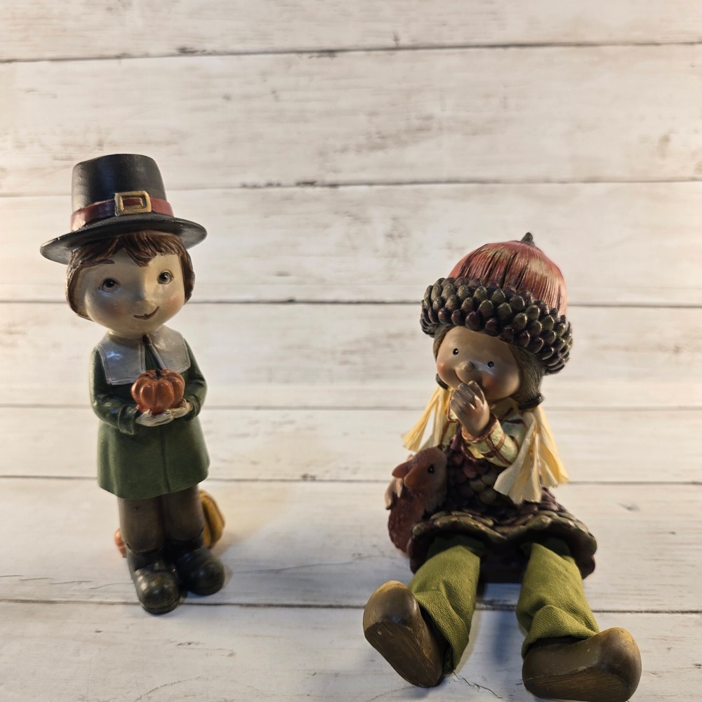 Autumn Thanksgiving Pilgrim Boy and Acorn Girl Figurine Set Harvest Decor